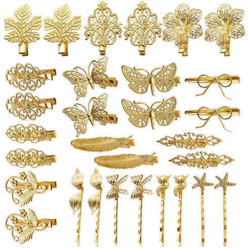 inSowni 30 Pack Gold Metal Alligator Hair Clips, Decorative Accessories for Women and Girls, Leaf Flower Butterfly