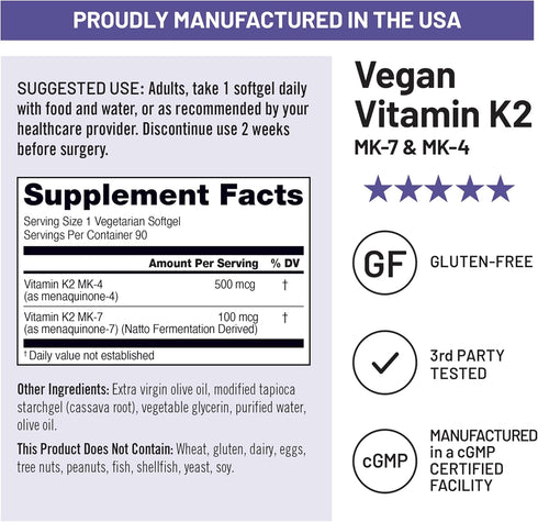 K2 600mcg MK-7 100mcg MK-4 500mcg -90 Softgels[3-Month NatureWise Vitamin Supplement with & - Enhanced Bioavailable