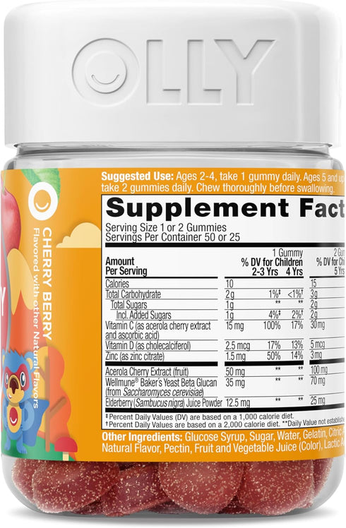 Immunity Gummy, Immune 50 Count OLLY Kids Support, Wellmune, Elderberry, Vitamin C, Zinc, Chewable Supplement, Cherry