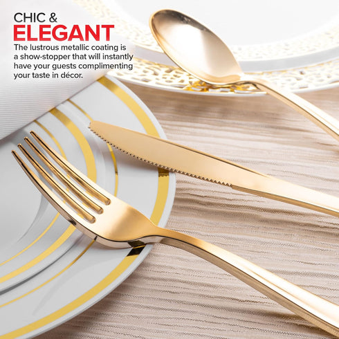 25 Pack Pre Rolled Plastic Silverware Sets for Parties, Gold Cutlery Set, Heavy Duty Utensils Individually Wrapped
