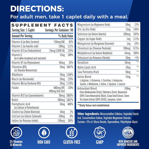 Vitamin World Ultra 360 Multivitamin for Men One Daily, Men's Multivitamin with Minerals, Herbs & Antioxidants, Daily Supplement with Vitamin A, C, D, E & Zinc for Energy & Immune Support, 90 Caplets