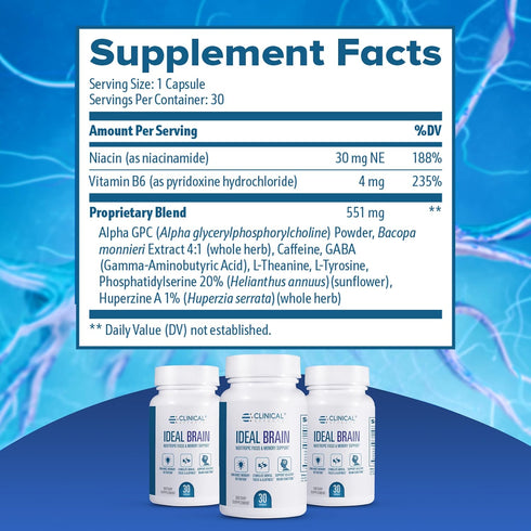 Clinical Effects Ideal Brain Dietary Supplement for Nootropic Focus and Memory Support, 30 Capsules