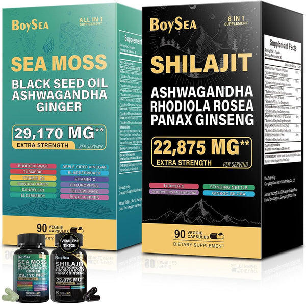 Boysea Sea Moss and Shilajit Bundle - 90 Count with Sea Moss, Black Seed Oil, Ashwagandha, and More
