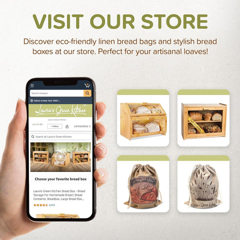 Laura's Green Kitchen Linen Bread Bag - 2 Packs Large Sourdough Bread Bags for Homemade Bread Storage, Beige