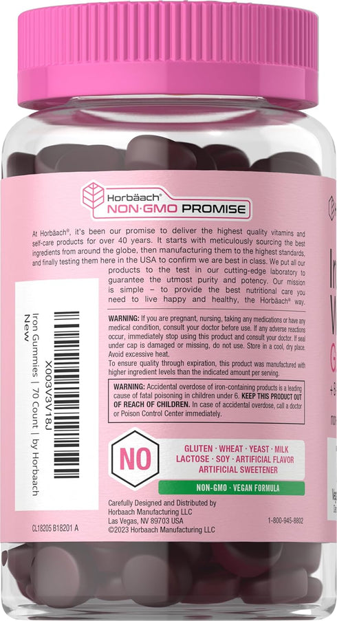 Horbaeach Iron Gummies for Women | Supplement with B Vitamins, Grape Flavor, Vegan, Non-GMO & Gluten Free (70 Count)