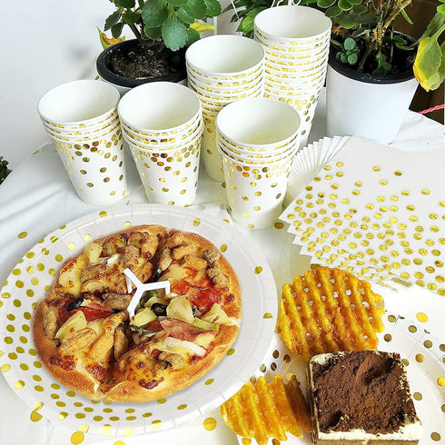 Paper Plates Napkins Set, Disposable 7/9 Inch White and Gold Party Supplies with Forks, Knives, Spoons