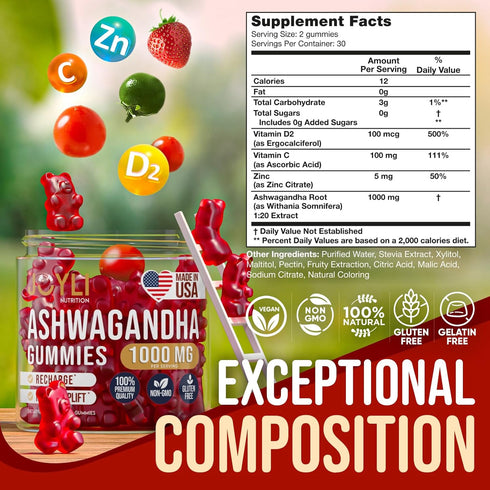 Ashwagandha Gummies for Sleep & Stress Balance - Natural Calm Herbal Supplement with Vitamin C & Zinc, 60 Vegan Chews