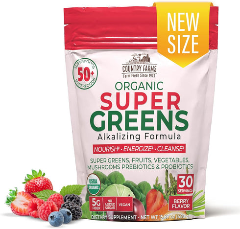 COUNTRY FARMS Super Greens Berry Flavor, 50 Organic Super Foods Drink Mix, 30 Servings