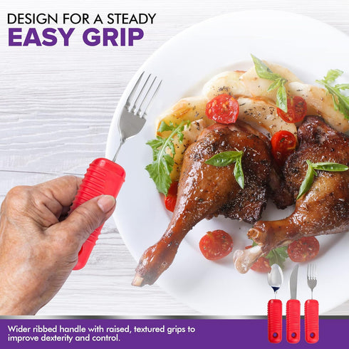 3 Piece Super Easy Grip Flatware Set - Red Fork, Knife, and Spoon, Bendable Built Up