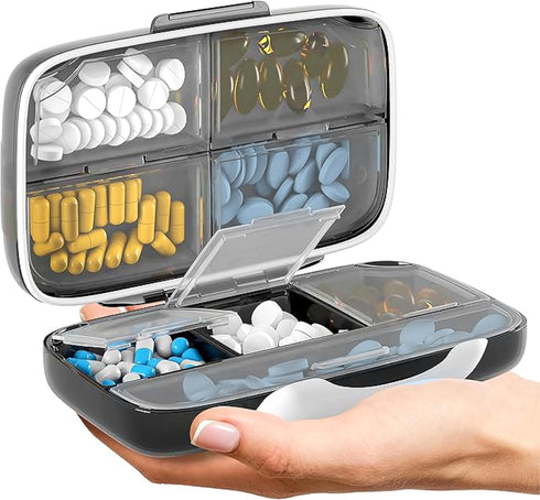 Travel Pill Organizer, Airtight Medicine Case for Traveling, Portable Pharmacy Box with Labels, 8 Compartment Holder