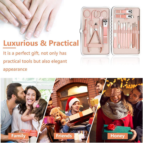 Nail Clippers for Men Women 18 In 1 Stainless Steel Nail Kit with Leather Case (Rose Gold)
