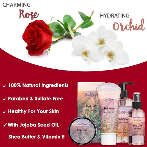 Spa Baskets for Women - Luxury Bath Set with Rose Oil & Orchid, Includes Wash, Bubble Bath, Lotion, Bath Salts, and More