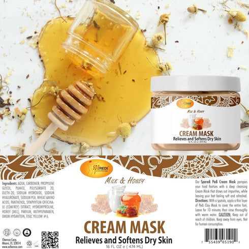 SPA REDI Body and Foot Cream Mask, Milk and Honey, 16 Oz, Hydrating Pedicure Massage for Tired Feet