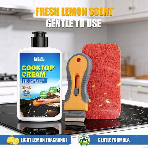 Tidybond 8.8 oz Glass Cooktop Cleaner & Polish Kit Heavy Duty Stove Top Cleaner with Scraper & Scrubbing Pad, Removes