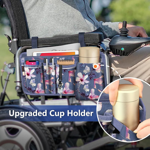 FINPAC Cup Holder Side Organizer Bag for Wheelchairs (Blooming Hibiscus)