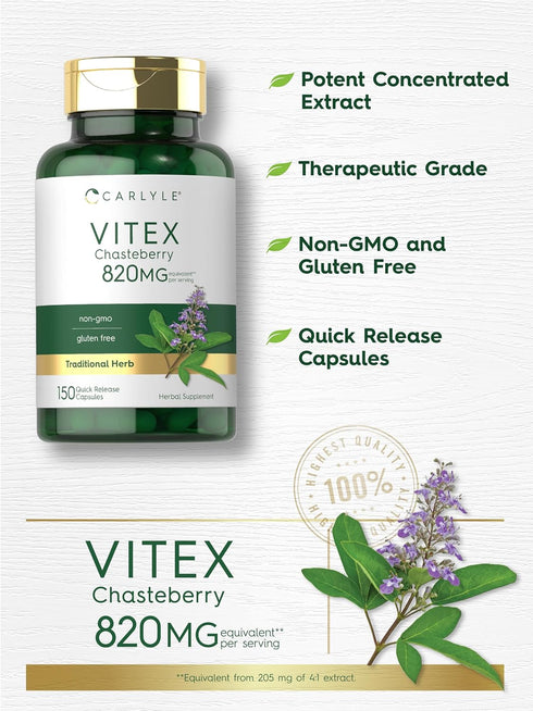 Carlyle Vitex Chasteberry Supplement | 820mg | 150 Capsules | Non-GMO, Gluten Free