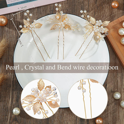 Waydress 6 Pcs Floral Hair Accessories, Gold Leaf Bridal Hair Pins, Wedding Hair Clips for Women