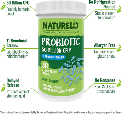 NATURELO Probiotics for Digestive Health, 50 Billion CFU, 11 Strains, 30 Vegetarian Capsules
