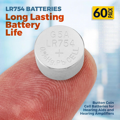 MEDca AG5 LR754 Batteries - 60 Count Pack - 1.5V Alkaline 754 LR48 193 Battery Button Coin Cell Batteries for Hearing Aids and Hearing Amplifiers