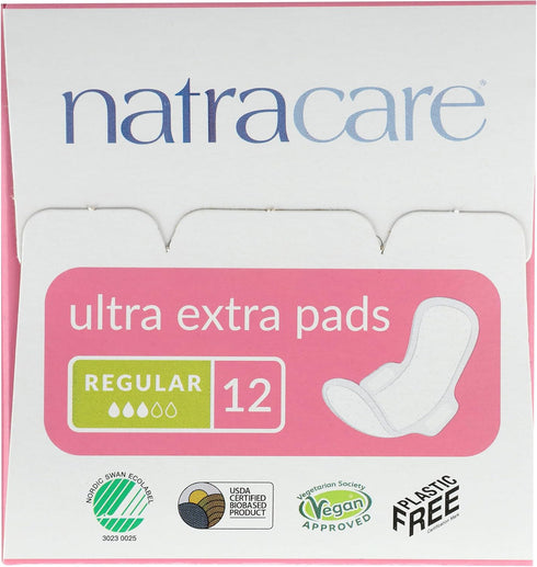 Natracare Ultra Extra Pads with Wings, Regular, Individually Wrapped, 12 Pads Total, Made with Organic Cotton