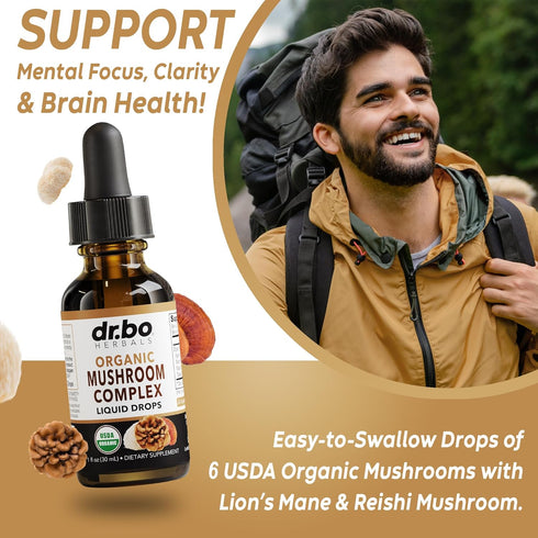 Organic Mushroom Complex Liquid Drops - Adaptogenic Mushroom Supplement with Lion's Mane, Reishi, Turkey Tail, 1oz
