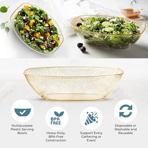 Posh Setting Disposable Oval Serving Bowls, Gold Glitter Plastic Serving Bowls, 4 Pack, 72 Ounce Heavy Duty Party Bowl