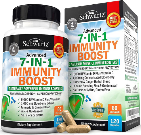 Immune Support Supplement with Zinc, Vitamin C, D3, Elderberry & Ginger - 120 Dr Approved Vitamins for Adults