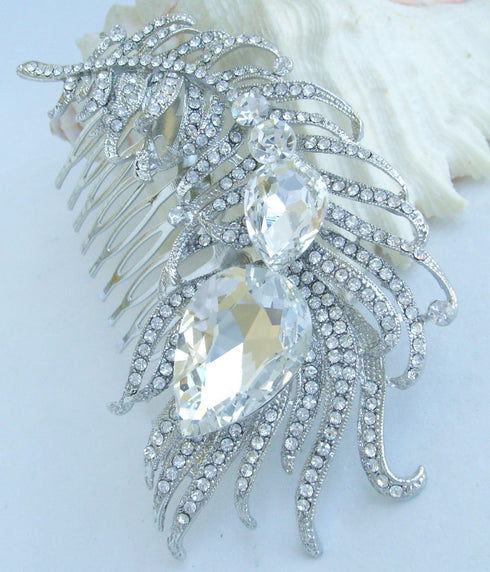 Sindary Bridal Headpiece, 4.33" Rhinestone Crystal Peacock Feather Hair Comb for Women