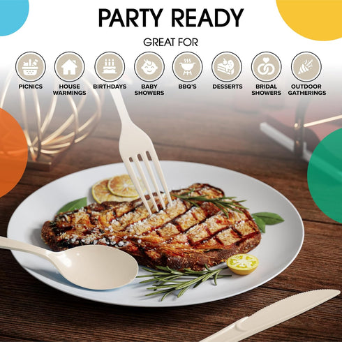 150 Pack Ivory Plastic Cutlery Set, Heavy Duty Disposable Utensil Sets, 50 Forks, 50 Spoons, 50 Knives for Party
