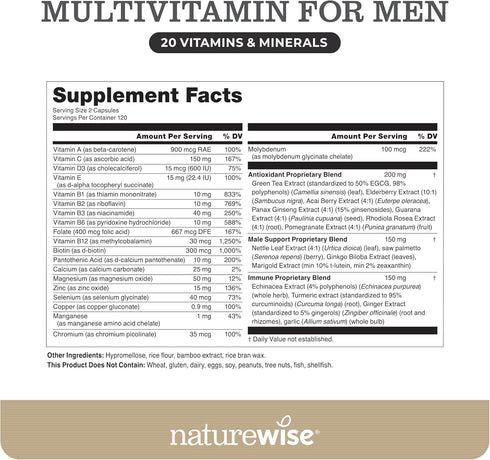 NatureWise Multivitamin for Men, Daily Male Support with Minerals & Herbs for Energy and Immunity, 240 Capsules