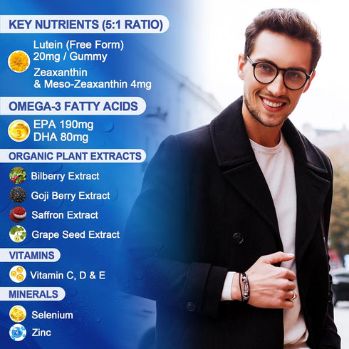 Sugar Free Lutein 20mg & Zeaxanthin Eye Supplement with EPA 190mg & DHA 80mg, Gummies with Selenium & Zinc