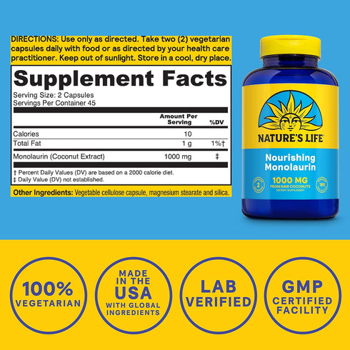 Nature's Life Monolaurin Capsules, 1000 mg, Vegetarian, 180 ct for Healthy Immune Function & Digestion