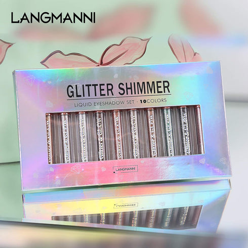LANGMANNI 10 Pcs Liquid Glitter Eyeshadow Makeup Set, Metallic Shimmer Glitter, Sweatproof Highly Pigmented Blending