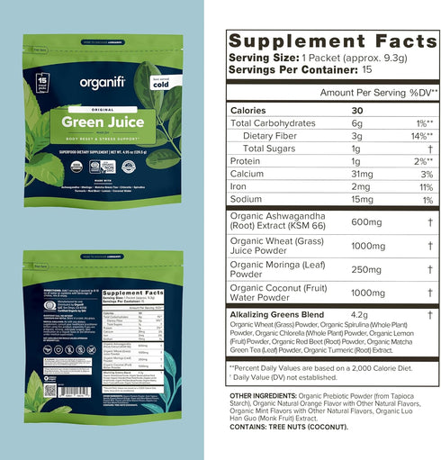 Packs 15 Packs Organifi: GO - Green Juice - Organic Superfood Supplement Powder - Travel - Organic Vegan Greens