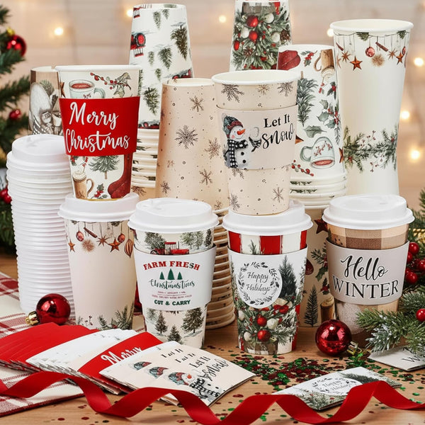 Suttmin 36 Sets/ 108 Pcs Christmas Tree Paper Cups 16 oz Disposable Coffee