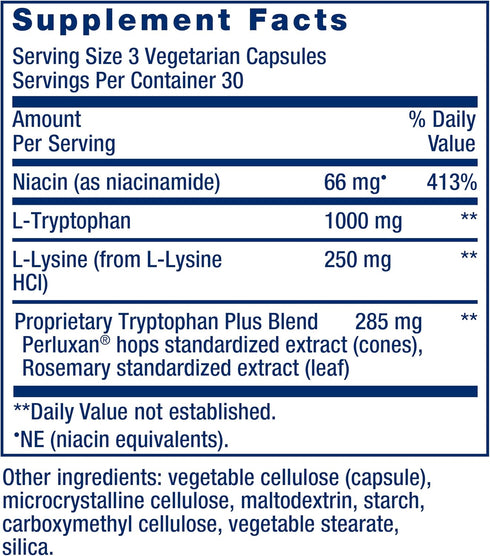 Life Extension Optimized Tryptophan Plus 1000mg - L-Tryptophan Supplement with Niacin and L-Lysine for Healthy Sleep &