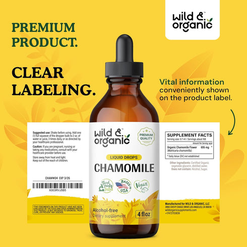 Chamomile Flower Supplement - Organic Chamomile Liquid Extract - Vegan, Alcohol Free Drops - 4 fl oz
