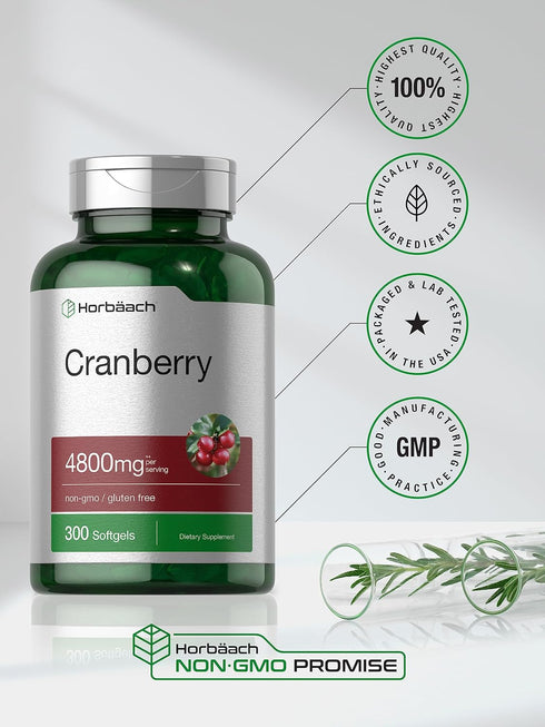 Horbaeach Cranberry Pills 4800mg, 300 Softgels, Non-GMO Gluten Free Supplement from Concentrate Extract