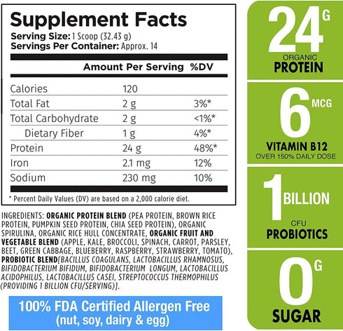 Plantvital Organic Vegan Protein Powder, Unflavored, 18 Superfoods, 16oz Pouch, Gluten Free