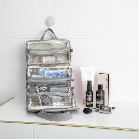 A F 4-in-1 Hanging Toiletry Bag, Roll-up Makeup Organizer with 4 Detachable PVC Zip Pouches, Gray