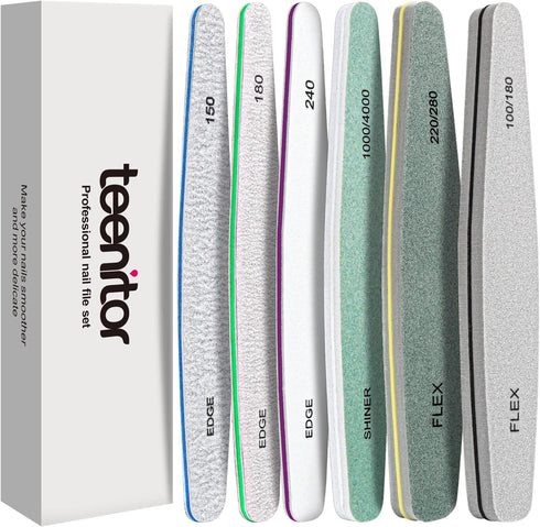 Teenitor Nail File Nail Buffer, 6 pcs Emery Boards for Natural Nails, Nail Buffer and Shine Kit, 100/180 Grit