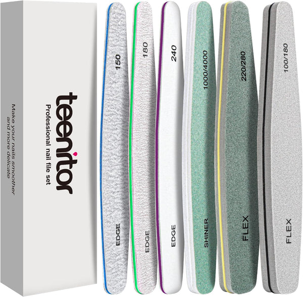 Teenitor Nail File Nail Buffer, 6 pcs Emery Boards for Natural Nails, Nail Buffer and Shine Kit, 100/180 Grit