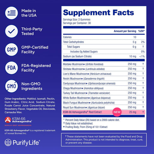 Gummies 66 10x Gummies, Sugar-Free Mushroom with KSM Ashwagandha - Potent Mushroom Supplement with Lions Mane, Chaga