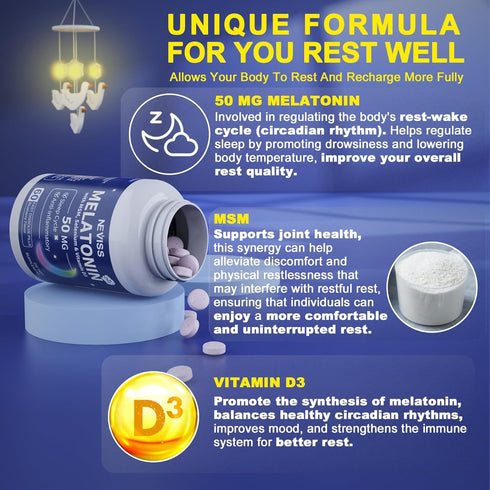 Melatonin 50 mg for Adults - Fast Dissolve Chewable Sleep Supplement with Vitamin D3 & MSM, 120 Servings for Deep Sleep