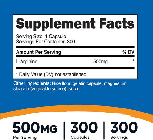 Nutricost L-Arginine 500mg | 300 Capsules | Gluten Free and Non-GMO