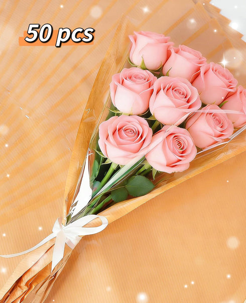 JYWRAPAER 50 Pack Packaging 9.8x3.9x17.9 Inches Flower Bags for Bouquets, Brown Kraft Flower Bouquet Bags, Wrapping
