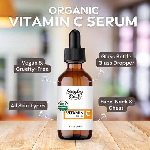 Organic Vitamin C Serum for Face - USDA Certified Anti Aging Facial Serum for Fine Lines & Wrinkles - 1 Fl Oz Glass