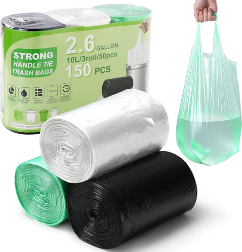 2.6 Gallon Trash Bag, 150 Count, Unscented Strong Handle Tie Garbage Bags for Kitchen, Bathroom, Bedroom, Office