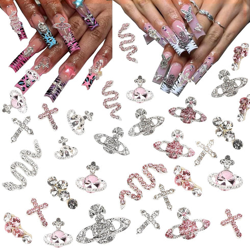 30 Pcs Nail Charms Pink Y2k Chrome Rhinestone Charms, 3D Cross Snake Saturn Shape with Planet Nail Gems