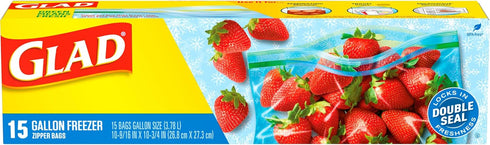Glad Zipper Freezer Storage Plastic Bags, Gallon, 15 Count